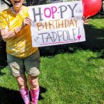 Chip carries a sign reading "HOPPY BIRTHDAY TADPOLE"