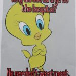 tweety bird with text "Why did the bird go to the hospital? He needed tweetment."