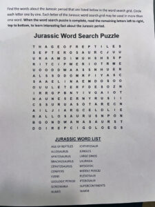 Jurassic word search puzzle whose solution spells out a fact about dinosaurs in the Jurassic era