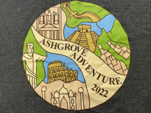 circular logo for Ashgrove Adventure 2022 showing several famous wonders of the world