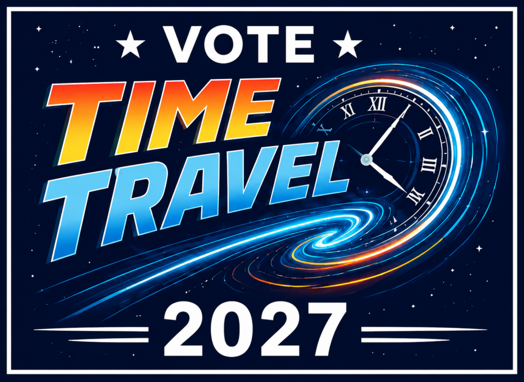 a campaign poster encouraging campers to vote for Time Travel 2027