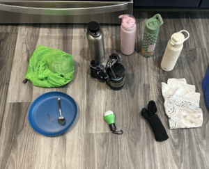water bottles, mess kit, bandana, lantern, light bulb, socks